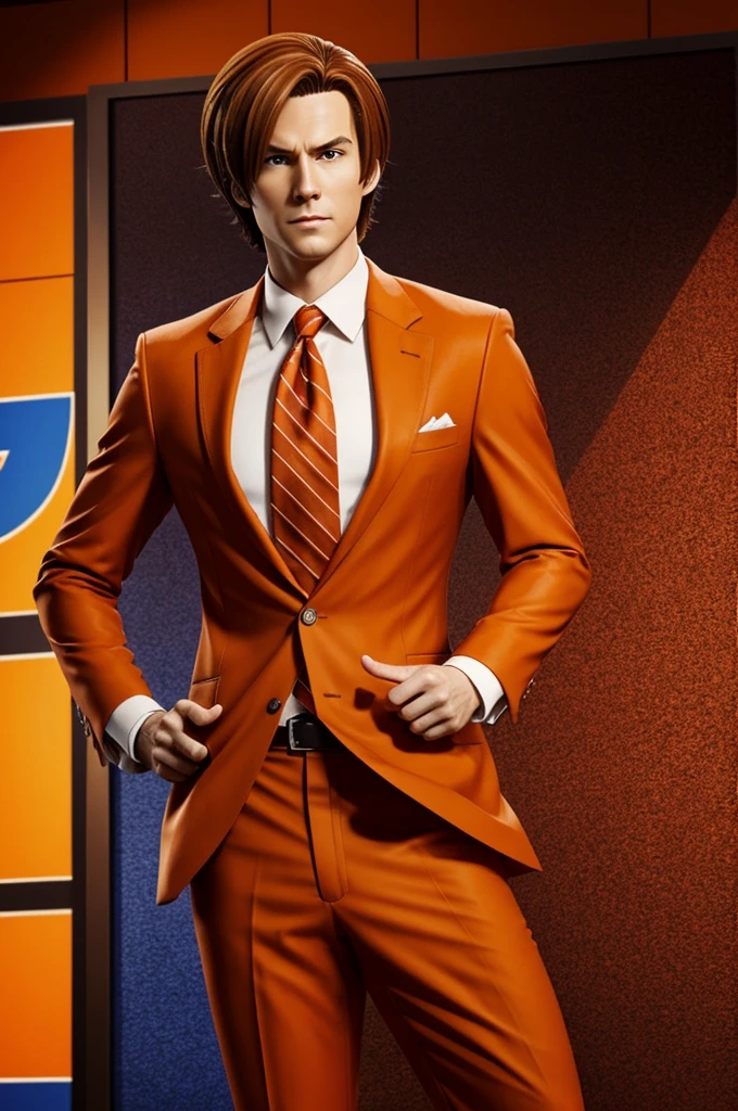 Phoenix Wright styled character with a orange suit on and blond brown hair