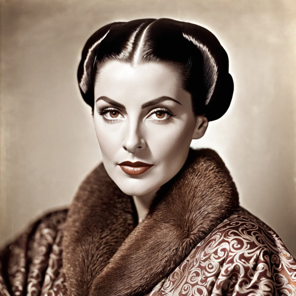 bearded lady with voluminous beard, brown eyes, wet brown hair slicked back, big nose, in dressing gown