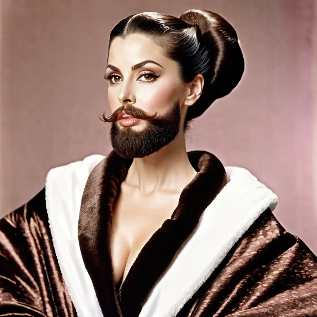 bearded lady with voluminous beard, brown eyes, wet brown hair slicked back, big nose, in dressing gown