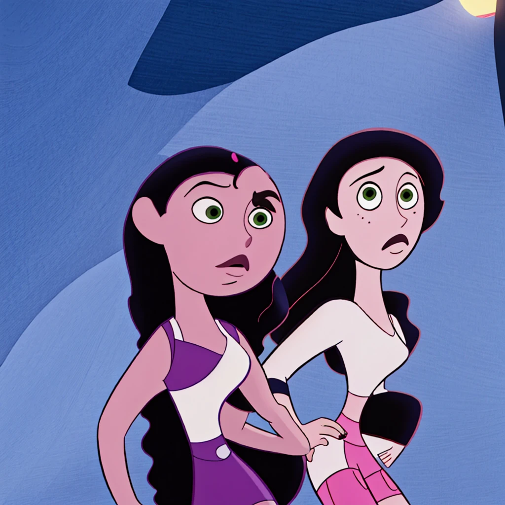 Beautiful, masterpiece, Best quality, very detailed face, moonlight, 2 girls, kiss, perfect body, seductive, pomade, I look at the viewer, wide hips, Medium breasts, black hair with white lines,Long flowing hair, lip shape:ruby, (Body shape:Scales), see-through peignoir,Black peignoir, girl horny, full length, lying on the side, Sexy, Bedroom, Naked