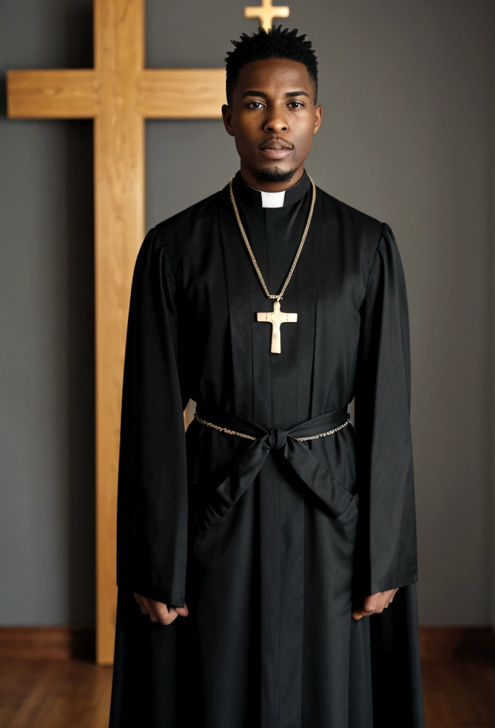 A (( young black male pastor wearing a large cross pendant, clergy collar, and robes))