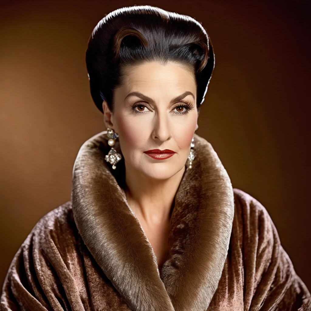 bearded lady with voluminous beard, brown eyes, wet brown hair slicked back, big nose, in dressing gown