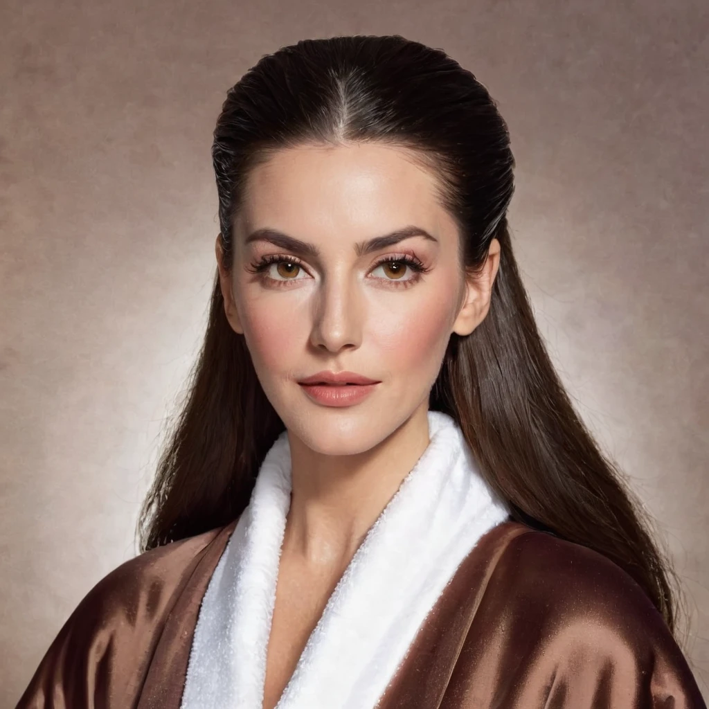 bearded lady with voluminous beard, brown eyes, wet brown hair slicked back, big nose, in dressing gown
