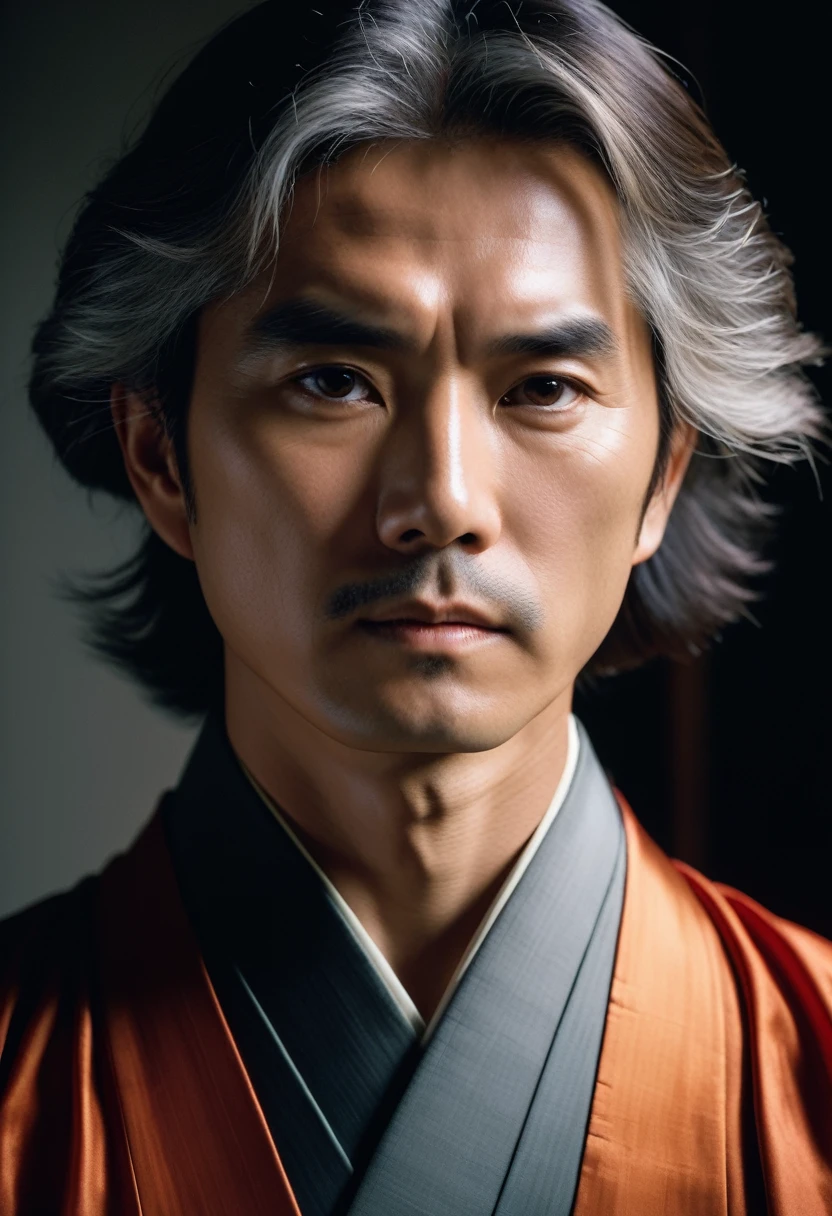 Glamour portrait shots (From above:0.5) Rich and sophisticated man in Hanfu, Half American and half Japan,((overwhelming fatigue)), Gray Hair,Cool Uncle,good looking,Age-related wrinkles, Realistic, Calm colors, Grainy, masterpiece, Highest quality, (Intricate details), (****), Eldritch, shine, shineing eyes, (Volumetric lighting), Unique pose, Dynamic pose, Dutch Angle, 35mm, Anamorphic, Lightroom, Cinematography, Film Grain, high resolution, 8k hdr, Steve McCurry, ((Cinematic)), born, Color graded Portra 400 film, amazing colors, Ray Tracing, Scattered beneath the surface, Surreal, Extreme Skin Details, Skin pores, Deep Shadow, Contrast, Dark Theme,