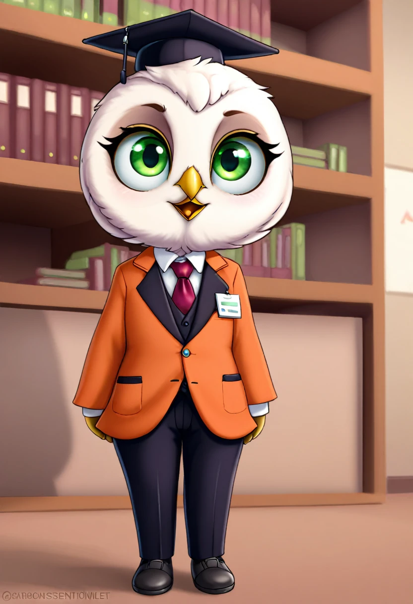An adorable sentient owlet, with big wobbly green eyes, dressed as an accountant