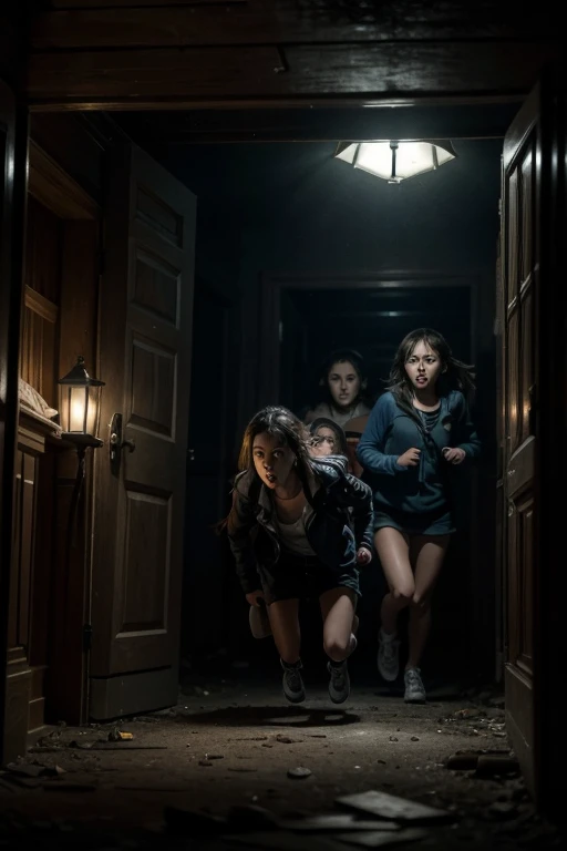 Prompt de Imagem: A scene of pure panic inside the dark mansion. The flashlights are out and Ana and her friends are running desperately, trying to find a way out. Elisa's ghostly figure appears with a sad and furious expression, floating in mid - air. Ana holds the porcelain doll, and the group is burying the doll in the garden in the early morning light, with the ominous atmosphere of the mansion beginning to dissipate. In the mansion window, Elisa's figure can be seen waving goodbye, in an act of gratitude and relief.