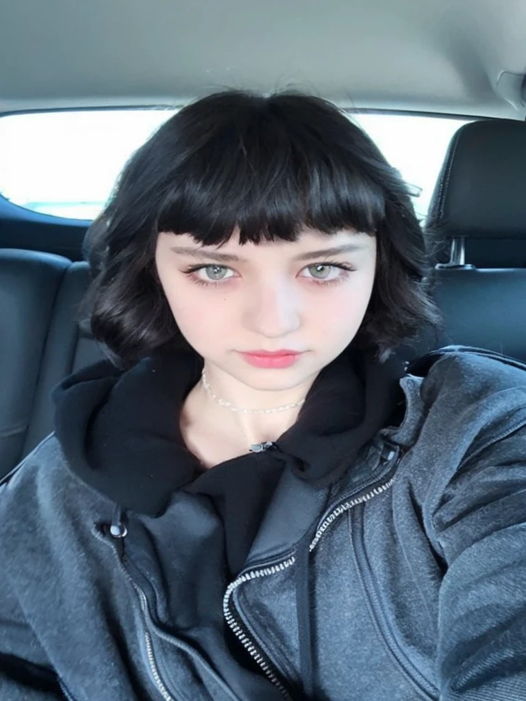 Pale teenage girl with silky black hair and bangs above her eyebrows, with small pink lips and a small, thin potato nose and light green eyes, taking photo in a black car looking at the camera in a black hoodie