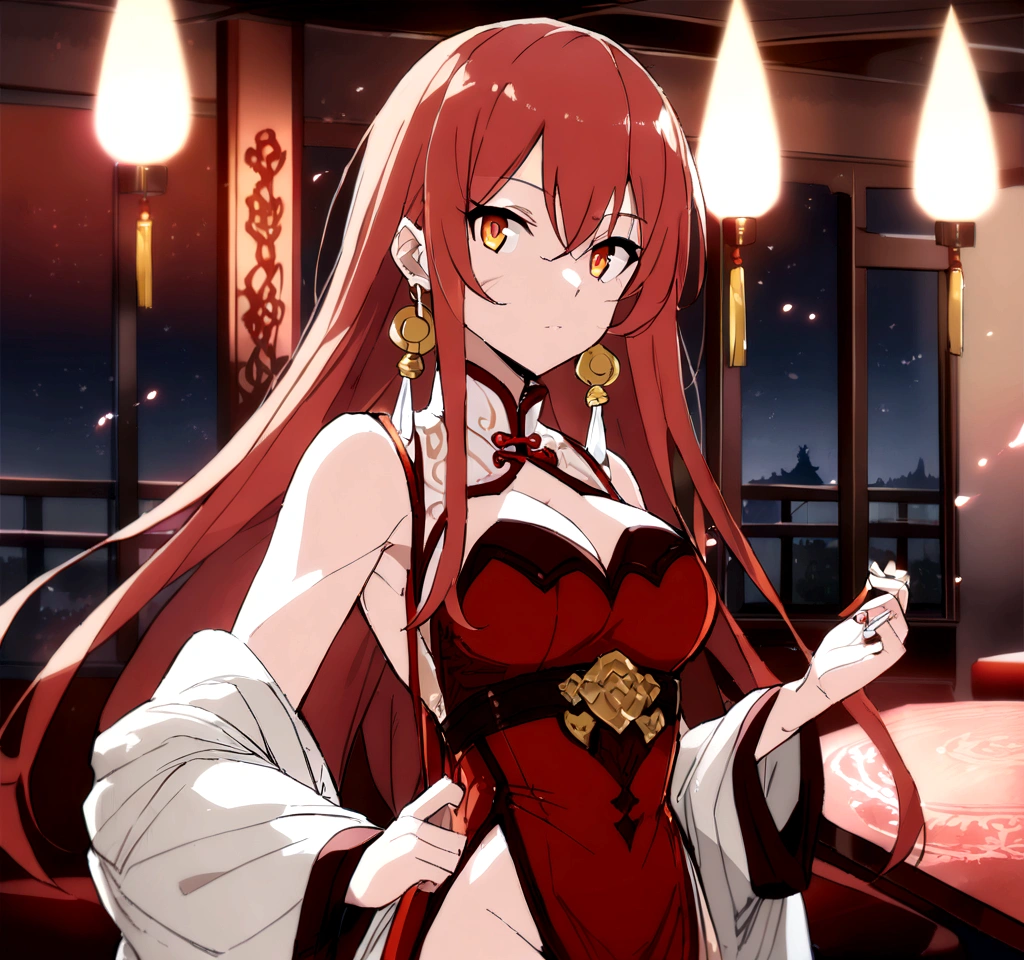 1 woman, chinese clothes, grandes peitos, long hair ,red hair, RED AND GOLD eyes (RED AND GOLD), magic fire circle, fire fire, flames, wallpaper, landscape, blood, blood splatter, depth of field, night, light particles, light rays, sidelighting, thighs, ((grandes peitos)), ((masterpiece)), ((anime style))