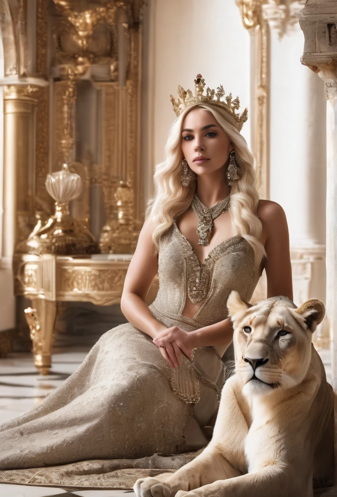 Elegant blonde girl with crown posing next to a white lioness, in a palace, princess posing relaxed with lots of jewelry and luxuries around 