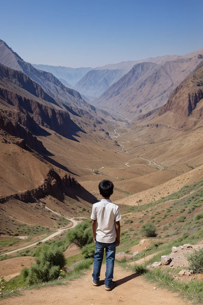 A boy stand alone in a valley his name is irshad which is written in his back side