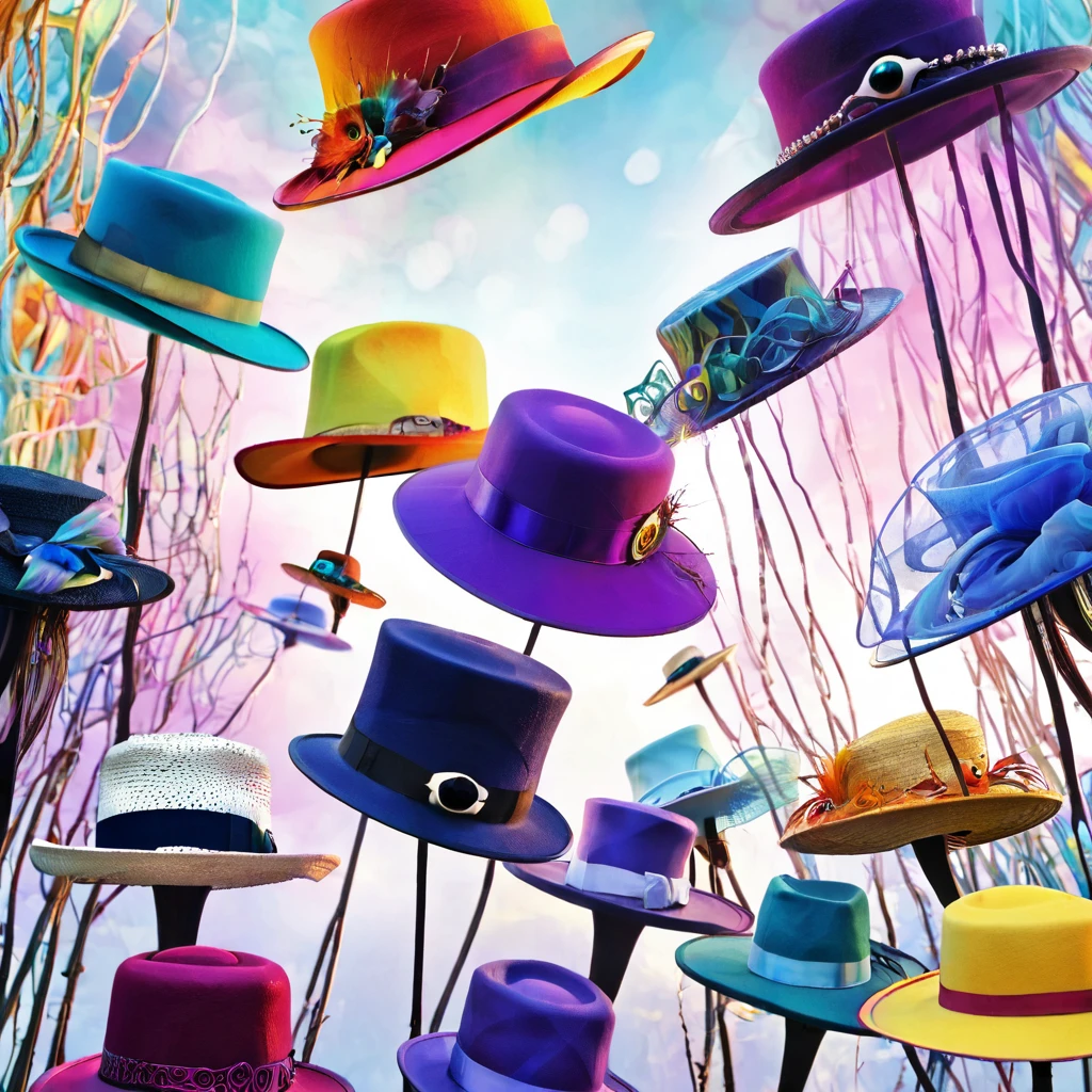 a medium prompt of "The Hats Have Eyes" with different immersive, unambiguously biological hats featuring Yingtao designs, surreal, fantasy art, vibrant colors, whimsical, detailed patterns, magical realism, eye-catching, creative composition, dreamlike, ethereal lighting, floating objects, intricate details, mystical, digital painting, 4k resolution