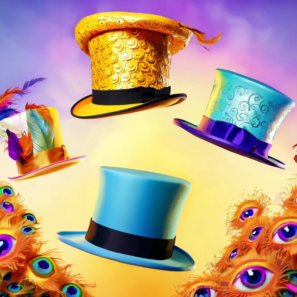 a medium prompt of "The Hats Have Eyes" with different immersive, unambiguously biological hats featuring Yingtao designs, surreal, fantasy art, vibrant colors, whimsical, detailed patterns, magical realism, eye-catching, creative composition, dreamlike, ethereal lighting, floating objects, intricate details, mystical, digital painting, 4k resolution