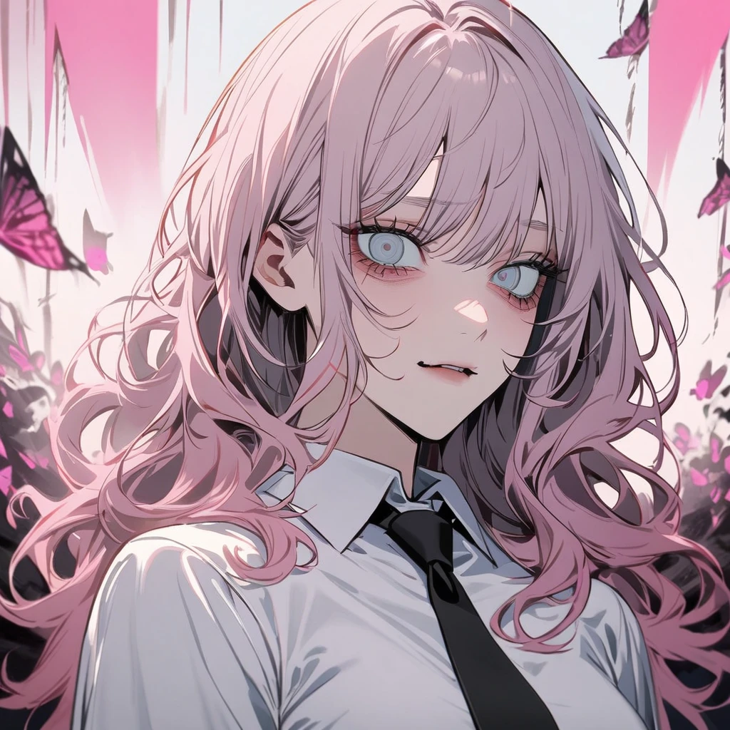 1 woman in chainsaw man style,long wavy hair, light pink hair with blue tips, light blue, grayish eyes (detailded),(hellish),tilted face,half smile, white blouse with a black tie, bright pink butterflies in the background