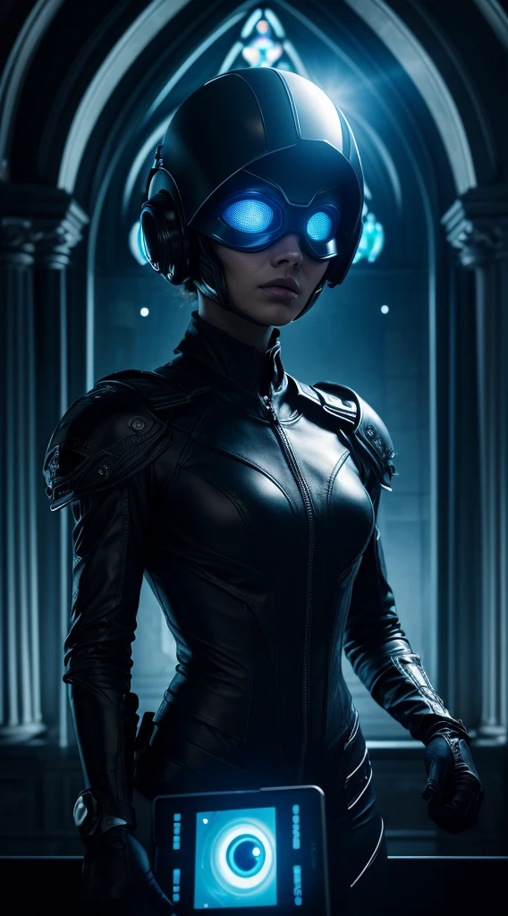 A highly detailed digital illustration of a mysterious extraterrestrial character with a dark and cinematic aesthetic. The character has large and expressive eyes, one of which is a red bionic eye emitting a sinister glow. To protect its head, the character wears a yellow architect safety helmet. In its hand, it holds a futuristic tablet emitting an intense blue light. The surrounding environment is dark and gothic, featuring arches and stained glass