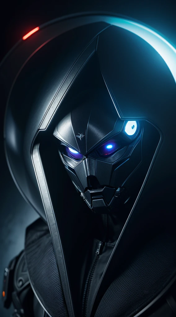 A highly detailed digital illustration of a mysterious extraterrestrial character with a dark and cinematic aesthetic. The character has large and expressive eyes, one of which is a red bionic eye emitting a sinister glow. To protect its head, the character wears a yellow architect safety helmet. In its hand, it holds a futuristic tablet emitting an intense blue light. The surrounding environment is dark and gothic, featuring arches and stained glass