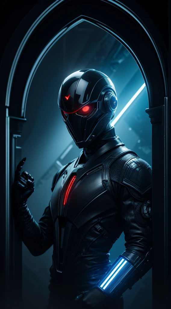 A highly detailed digital illustration of a mysterious extraterrestrial character with a dark and cinematic aesthetic. The character has large and expressive eyes, one of which is a red bionic eye emitting a sinister glow. To protect its head, the character wears a yellow architect safety helmet. In its hand, it holds a futuristic tablet emitting an intense blue light. The surrounding environment is dark and gothic, featuring arches and stained glass