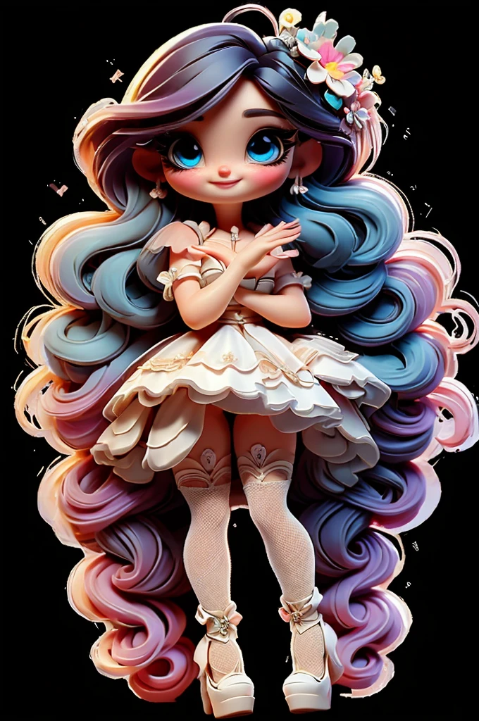 imagem de alta qualidade de uma boneca chibi Megan Fox: boneca chibi ,illustration,detalhes delicados,Pose encantadora,lovely expression,cores suaves,roupa bonita,cabelos intrincados,beautiful eyes and lips,melhor qualidade,ultra-detalhado,fotorrealista,vivid colors, solid background, profesional lighting, girly accessories, espressiva, headband flowers, blue eyes, ombre hair, long hair, basket of flowers in hands, lovely pose, black eyes, wearing a fairy outfit pastel colors glitter,, pink, and soft purple, exuberant, perfect, centered in the photo with a white background, nitid, fairy vibes, standing, pink flat shoes, vibrant, white background, black hair, hair blonde, black hair,happy, smiling, happy, smiling, smile
