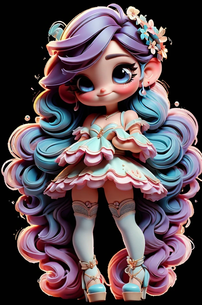 imagem de alta qualidade de uma boneca chibi Megan Fox: boneca chibi ,illustration,detalhes delicados,Pose encantadora,lovely expression,cores suaves,roupa bonita,cabelos intrincados,beautiful eyes and lips,melhor qualidade,ultra-detalhado,fotorrealista,vivid colors, solid background, profesional lighting, girly accessories, espressiva, headband flowers, blue eyes, ombre hair, long hair, basket of flowers in hands, lovely pose, black eyes, wearing a fairy outfit pastel colors glitter,, pink, and soft purple, exuberant, perfect, centered in the photo with a white background, nitid, fairy vibes, standing, pink flat shoes, vibrant, white background, black hair, hair blonde, black hair,happy, smiling, happy, smiling, smile
