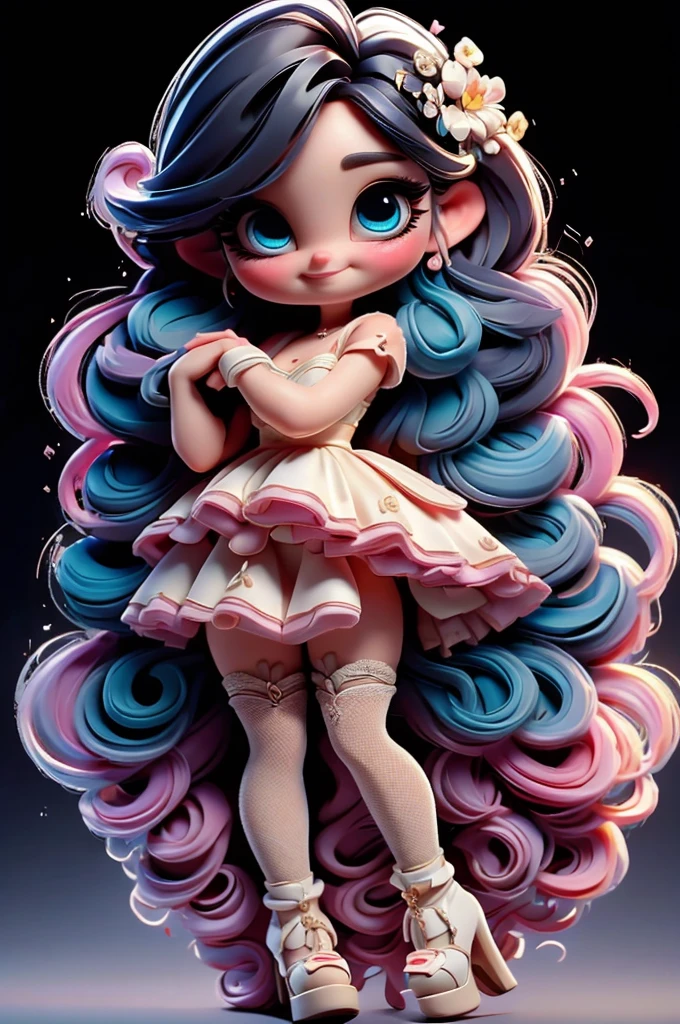 imagem de alta qualidade de uma boneca chibi Megan Fox: boneca chibi ,illustration,detalhes delicados,Pose encantadora,lovely expression,cores suaves,roupa bonita,cabelos intrincados,beautiful eyes and lips,melhor qualidade,ultra-detalhado,fotorrealista,vivid colors, solid background, profesional lighting, girly accessories, espressiva, headband flowers, blue eyes, ombre hair, long hair, basket of flowers in hands, lovely pose, black eyes, wearing a fairy outfit pastel colors glitter,, pink, and soft purple, exuberant, perfect, centered in the photo with a white background, nitid, fairy vibes, standing, pink flat shoes, vibrant, white background, black hair, hair blonde, black hair,happy, smiling, happy, smiling, smile
