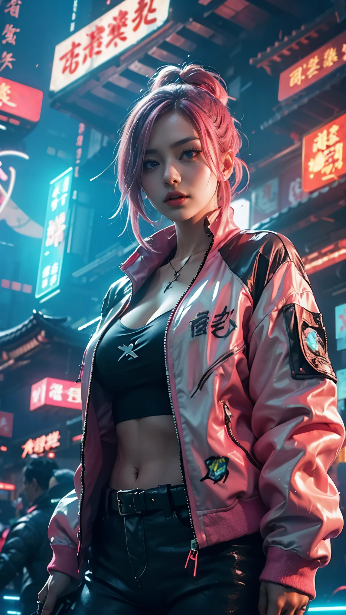 1 cyberpunk girl, tech pink jacket, long shapeless pink hair, Best quality, masterpiece, ultra high res, (photorealistic:1.4), xiuxian, weapon, cleavage, (glowing neon lights:1.2),xiuxian, cowboy shot, ((east asian cyberpunk architecture))