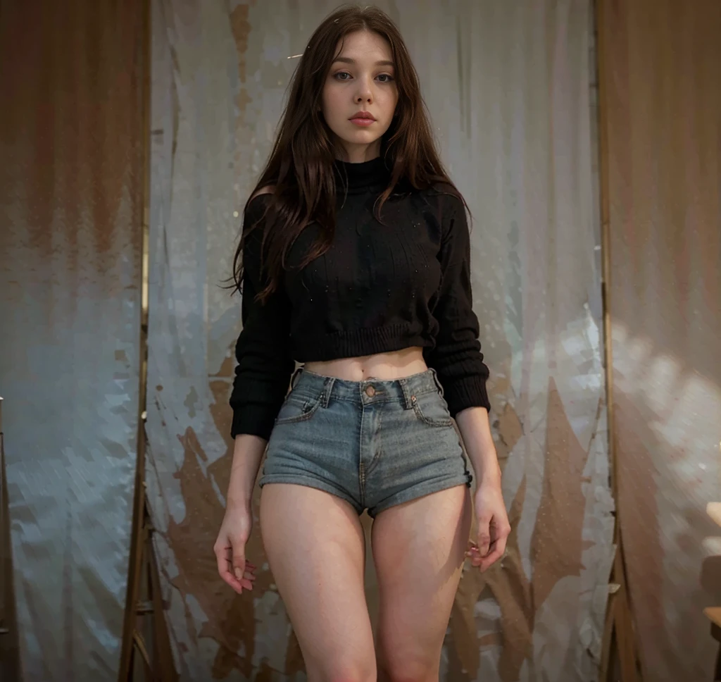 misa2, realistic portrait of a beautiful young woman with long brown hair and striking blue eyes,
looked to the side with a soft smile, standing in a room with white walls, rolled up black sweater and very sexy short jean shorts, natural lighting, highly detailed, photorealistic, 8k, (best quality, ultra-detailed, masterpiece:1.2), (realistic:1.37), cinematic lighting, warm color tones, elegant, captivating