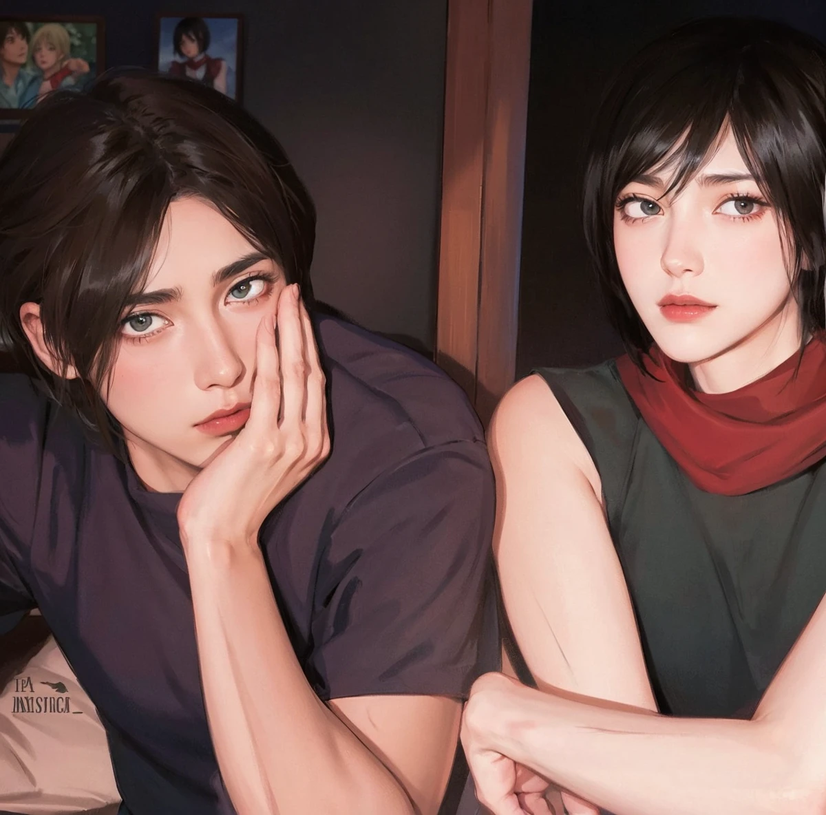 Eren yeager, mikasa Ackerman, 1 boy, 1 girl
