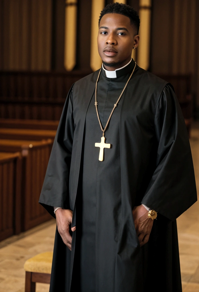 A (( young black male pastor wearing a large cross pendant, clergy collar, and robes)), in his living room.