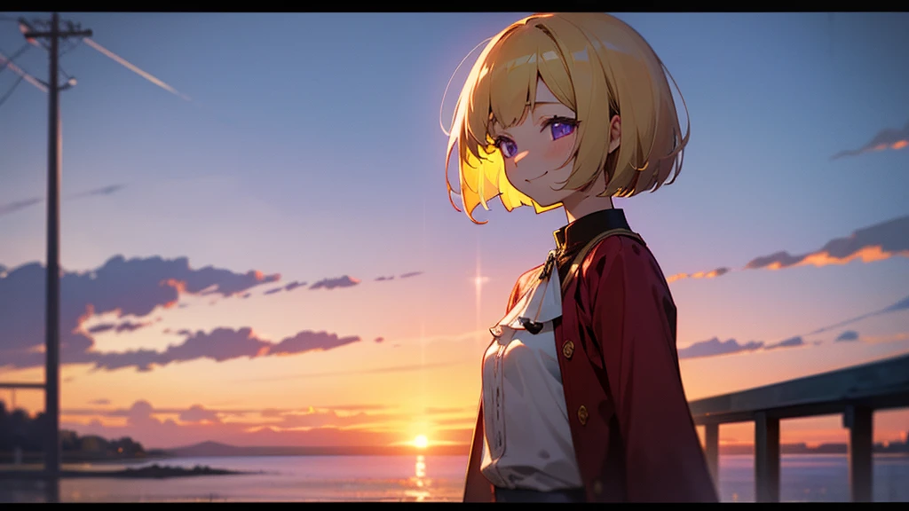 1 Girl、anime painting、Upper body close-up, from side、Natural Proportions、thin、Small breasts、smile、White skin、(blonde)、Bobcut、Beautiful purple eyes、Red jacket、(Long sleeve blouse)、Frilled blouse、生意気なsmile、Squint your eyes、Park in the background、sunset、Soft lighting.、Background blur、Written boundary depth