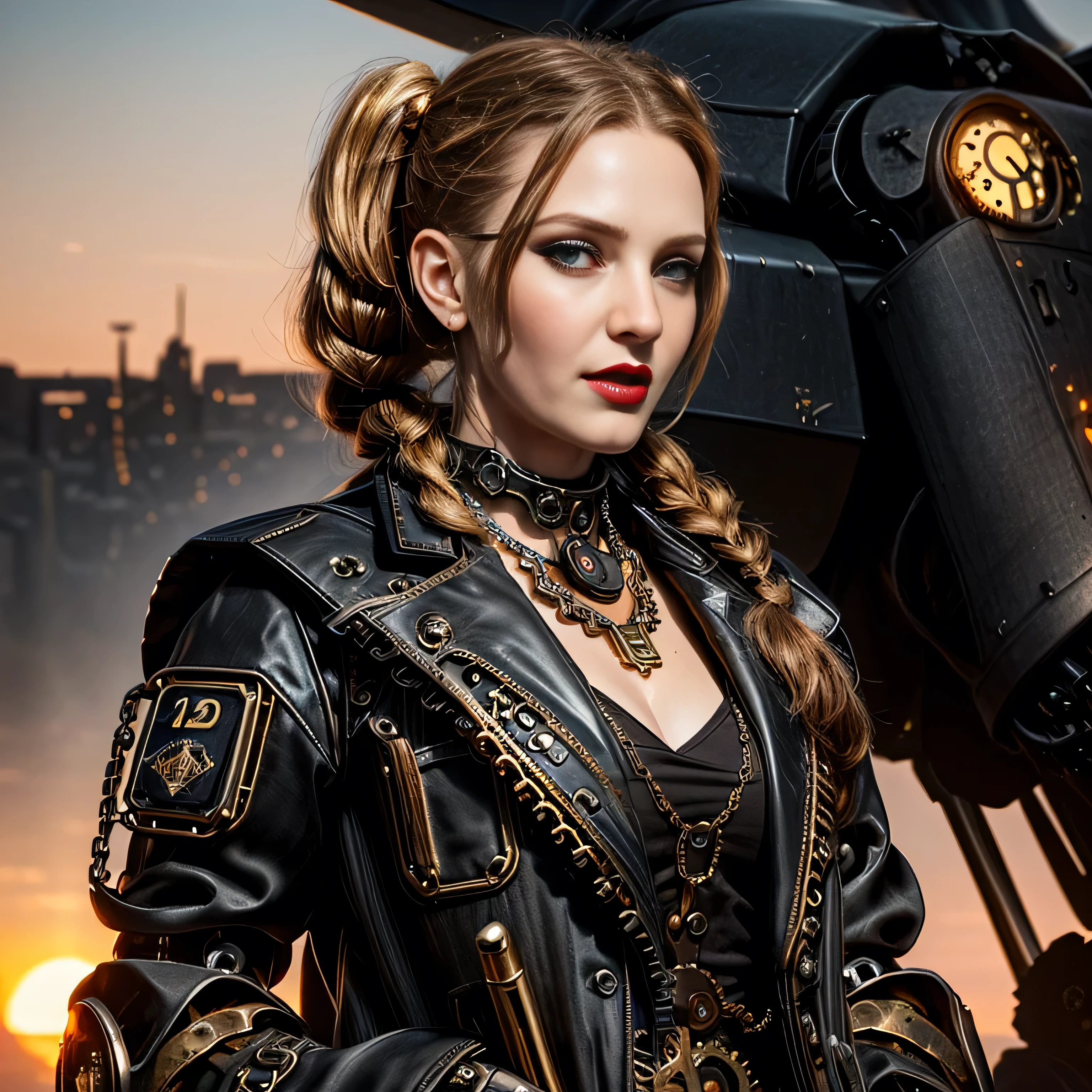 ((masterpiece, photorealistic:1.4, extremely intricate:1.3, photon mapping, radiosity, physically based rendering, ultra resolution, hyper-realistic, photorealistic:1.4, hyper-realistic, 8K)), ((((athletic female midbody, long pigtails windy [blonde hair:bright ginger hair:0.4], (([flat chest:medium breasts:0.8])), ((makeup:1.2, perfectchainmail, gold steampunk, black jacket), red lips, bright sunlight, sunset, silk shirt)), pilot goggles, round lenses))), outdoors, metal reflections, ((((futuristic apocalyptic city destroyed)))), professional photograph, soft focus, dramatic, award winning, cinematic lighting, volumetrics dtx, (film grain, blurry background, blurry foreground, bokeh, depth of field), BREAK; BREAK, ((((faraway Battlemech Dreadnaught Titan))))
