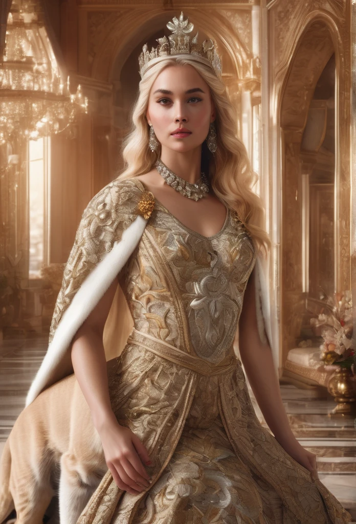 A beautiful elegant blonde girl in a luxurious palace, wearing an ornate crown, posing gracefully next to a white lioness, surrounded by lavish jewelry and opulent decor, serene and confident expression, intricate embroidered dress, soft lighting, cinematic composition, photorealistic, highly detailed