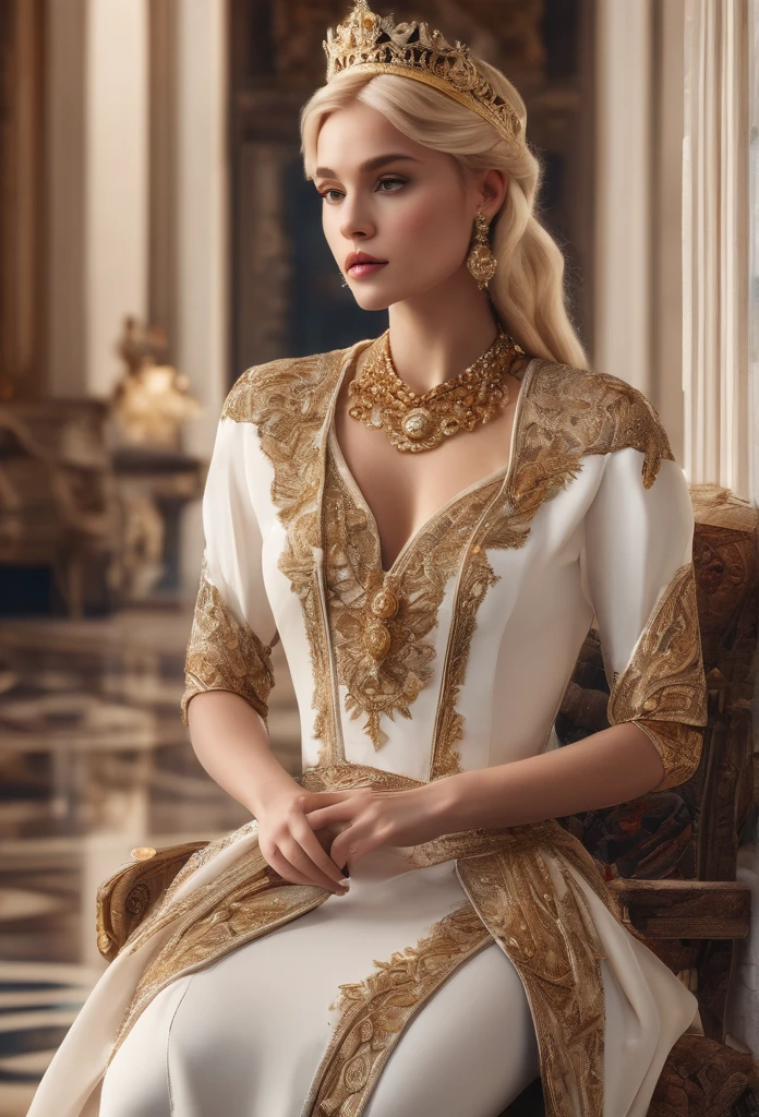 A beautiful elegant blonde girl in a luxurious palace, wearing an ornate crown, posing gracefully next to a white lioness, surrounded by lavish jewelry and opulent decor, serene and confident expression, intricate embroidered dress, soft lighting, cinematic composition, photorealistic, highly detailed