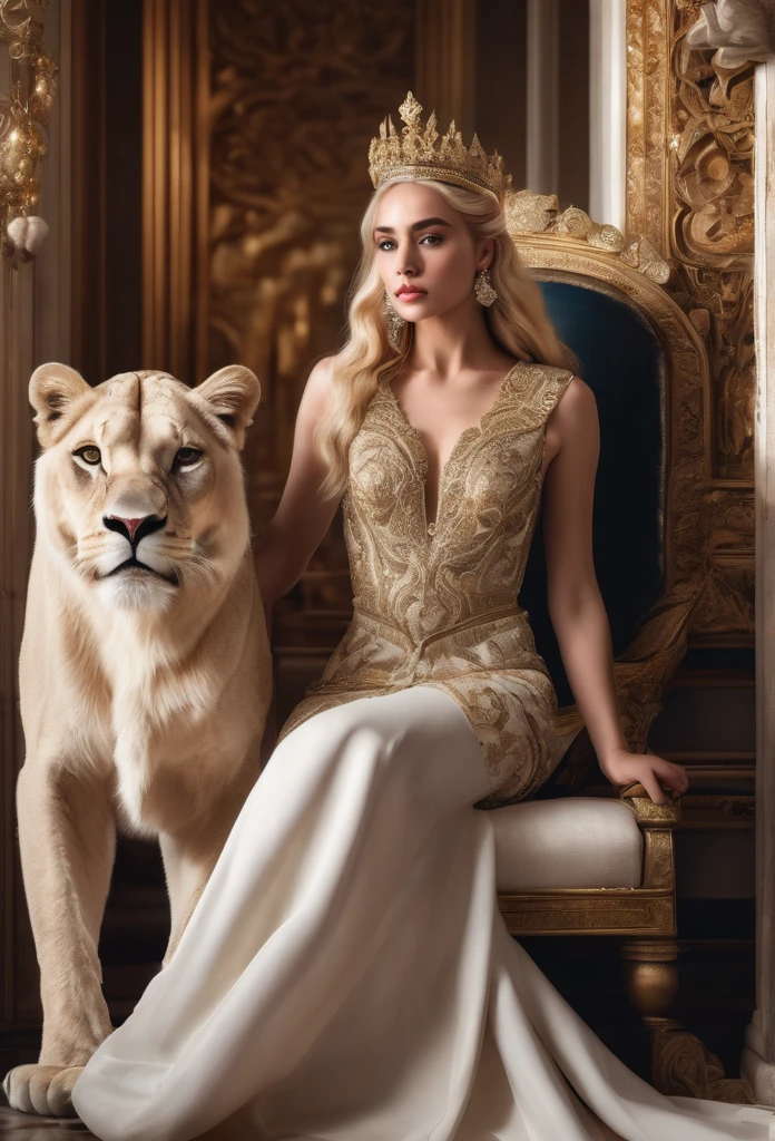 A beautiful elegant blonde girl in a luxurious palace, wearing an ornate crown, posing gracefully next to a white lioness, surrounded by lavish jewelry and opulent decor, serene and confident expression, intricate embroidered dress, soft lighting, cinematic composition, photorealistic, highly detailed