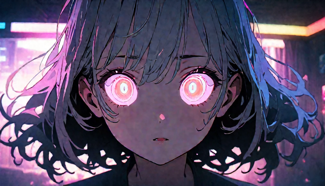 (8K, RAW Photos, Highest quality, masterpiece: 1.4), Ultra-high resolution, Very detailed, Neon Light, Upper body close-up, One Girl,Shiny tips,White eyes, (Eyes of Terror, Glowing eyes:1.2), terrible,dark, High Quality Shadows, Natural light, (White highライトs:1.2), night, cloudy day, (at home:1.2), (floating:1.2)