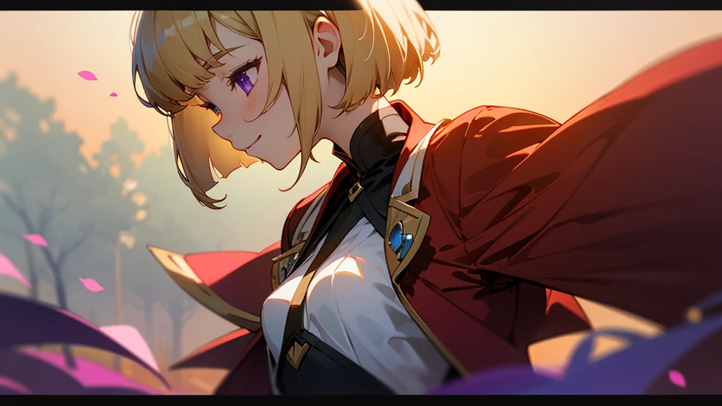 1 Girl、anime painting、Upper body close-up、profile、Natural Proportions、thin、Small breasts、smile、White skin、(blonde)、Bobcut、Beautiful purple eyes、Red jacket、(Long sleeve blouse)、Frilled blouse、生意気なsmile、Squint your eyes、Park in the background、sunset、Soft lighting.、Background blur、Written boundary depth