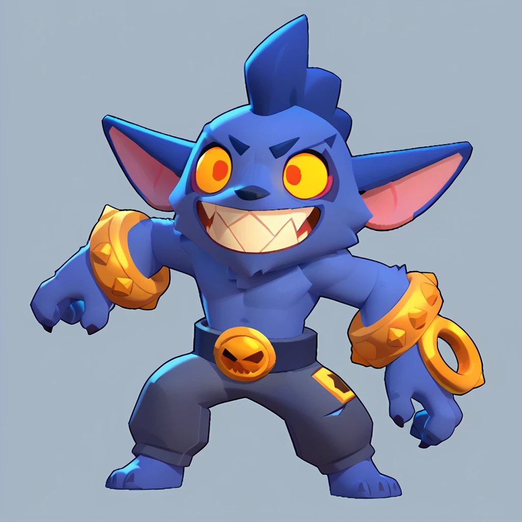 full body view of a furry creature, anthropomorphic, blue fur, long ear, bulging eyes, sharp teeth, smiling, nuclear bracelet on left arm, wearing pants, brawl, brawl stars