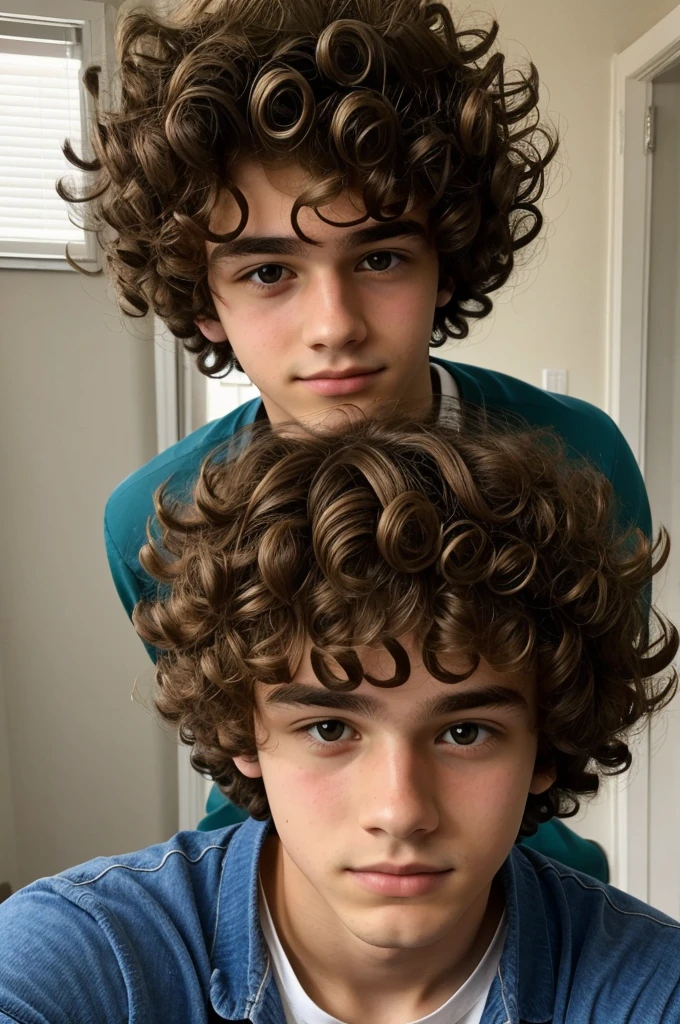 Selfie of a beautiful  boy, curly hair, shy, 