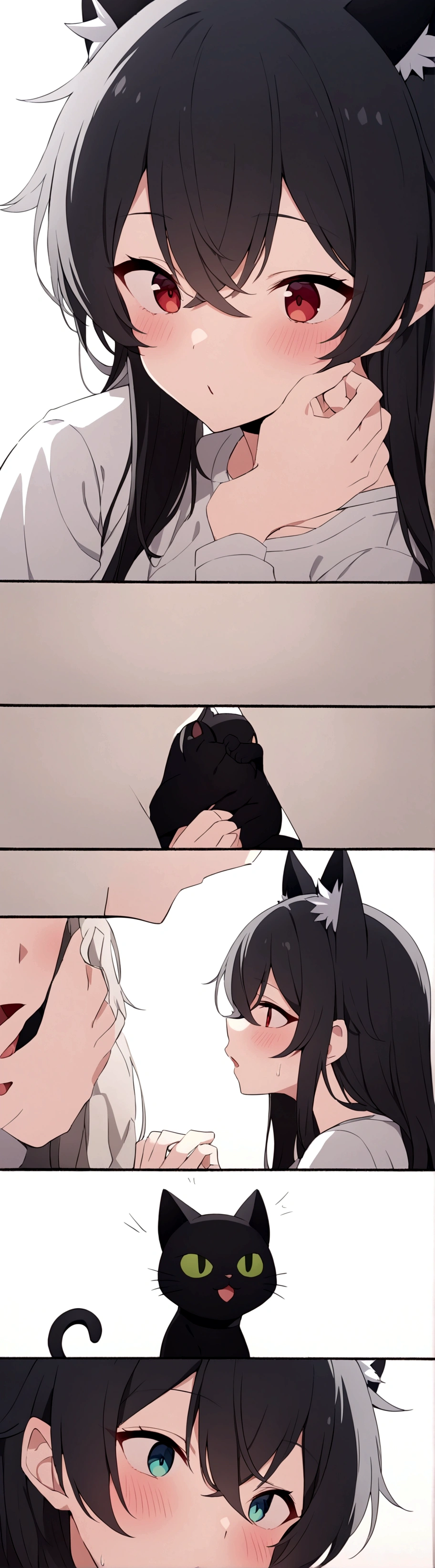 アニメ, Bblack hair, long bangs, spiky hair, and black cat ears that look like horns, with gray and black lines on the shirt, with black panties, Eyes red, surprise comic with a dick in her face