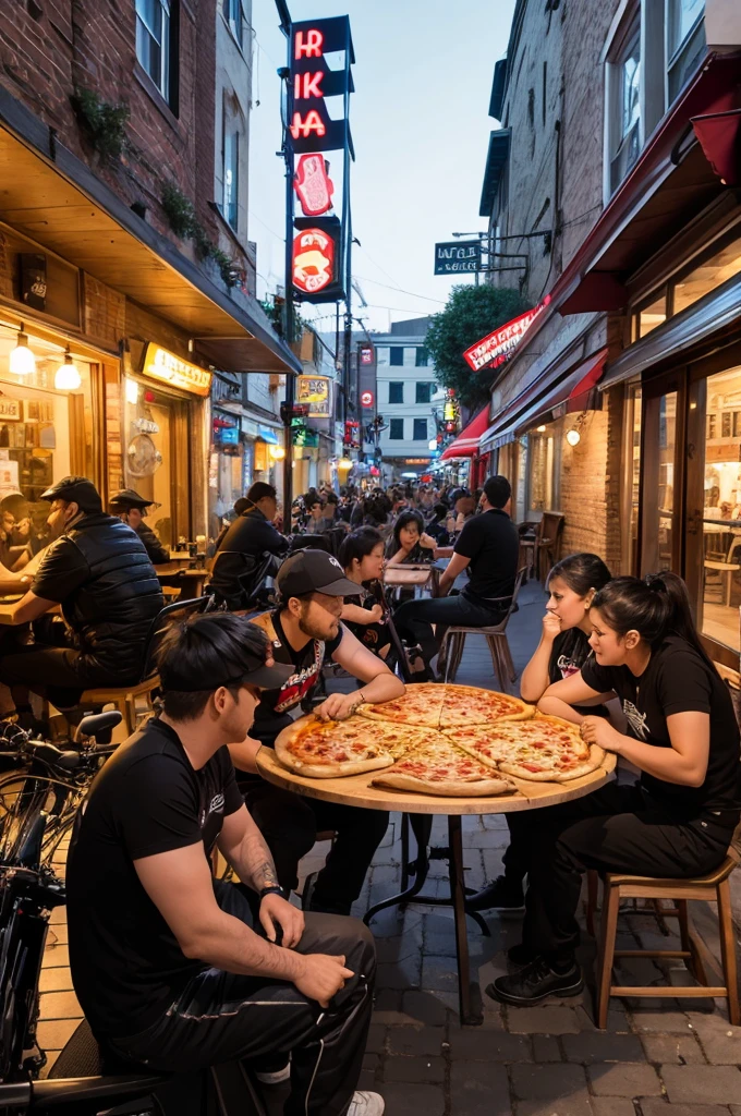 Bikers gathering at a pizza shop