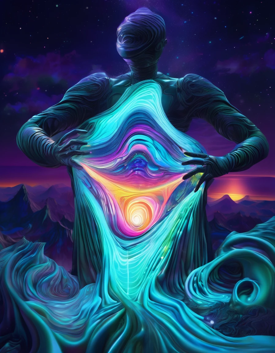 A dmt entity  smoking a pipe made of flowing, thread-like fluorescent neon material pulls itself apart from the torso revealing a breathtaking cartoon dreamlike landscape bathed in the  gray light of sunset that is vortexing into a dream spiral. The contrast between the dark, ethereal form and the vivid bright colours, open expanse beyond evokes a sense of revelation and transformation. This striking image captures the unveiling of hidden beauty and emergence of inner worlds.