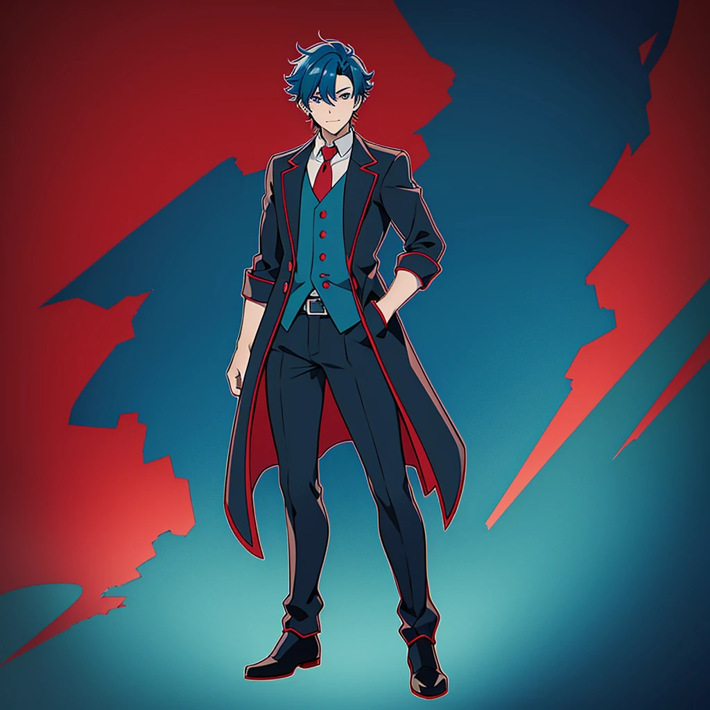anime man, full body, happy expression, blue hair, red coat, 1boy, masterpiece, (beautiful and aesthetic:1. 5), thick black lineart, clean lineart, perfect lineart, variable lineart, clean anime outlines, sharp lineart, high quality, best quality, saturated colours, dynamic lighting, HD,