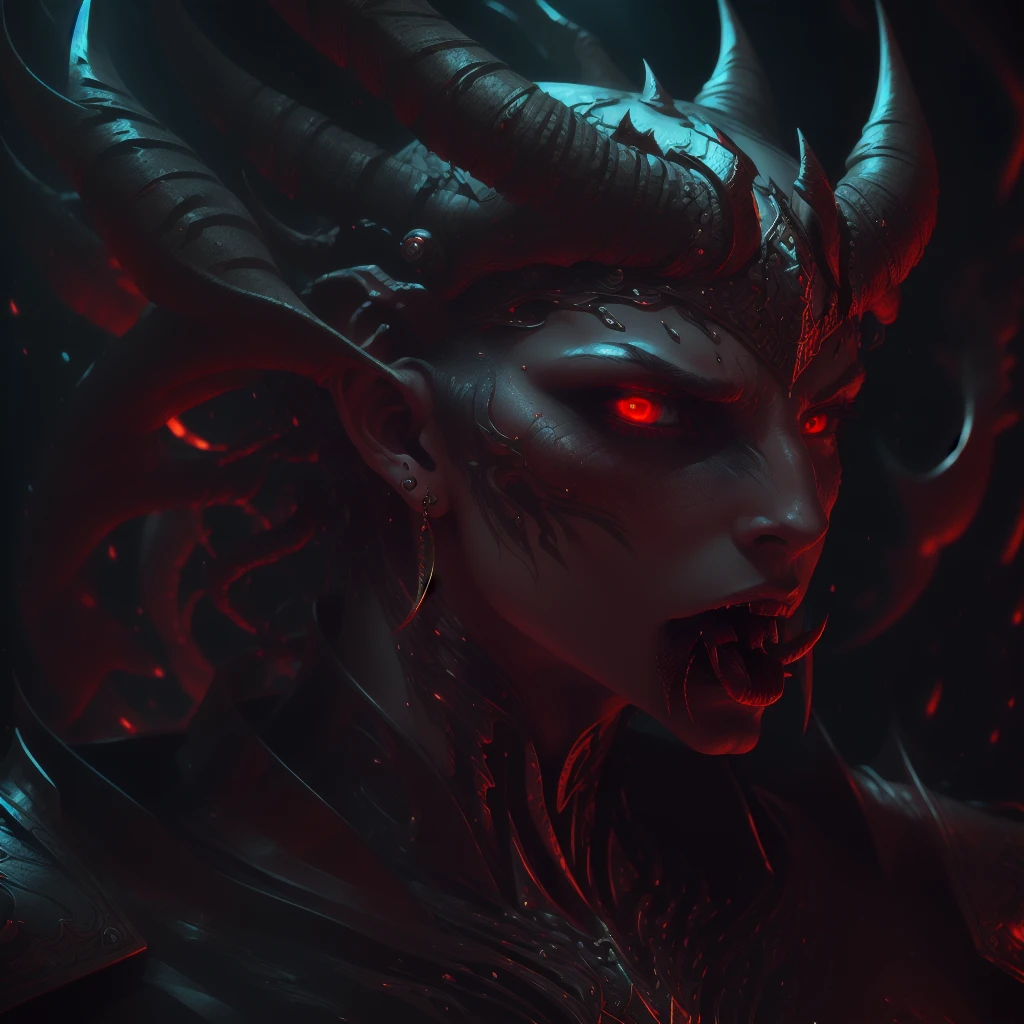 a demonic humanoid creature, horns, forked red tongue, pale skin, red eyes, earrings, long black claws, detailed face, hyper realistic, cinematic lighting, dark fantasy, dramatic atmosphere, muted color palette, chiaroscuro, (best quality,4k,8k,highres,masterpiece:1.2),ultra-detailed,(realistic,photorealistic,photo-realistic:1.37)