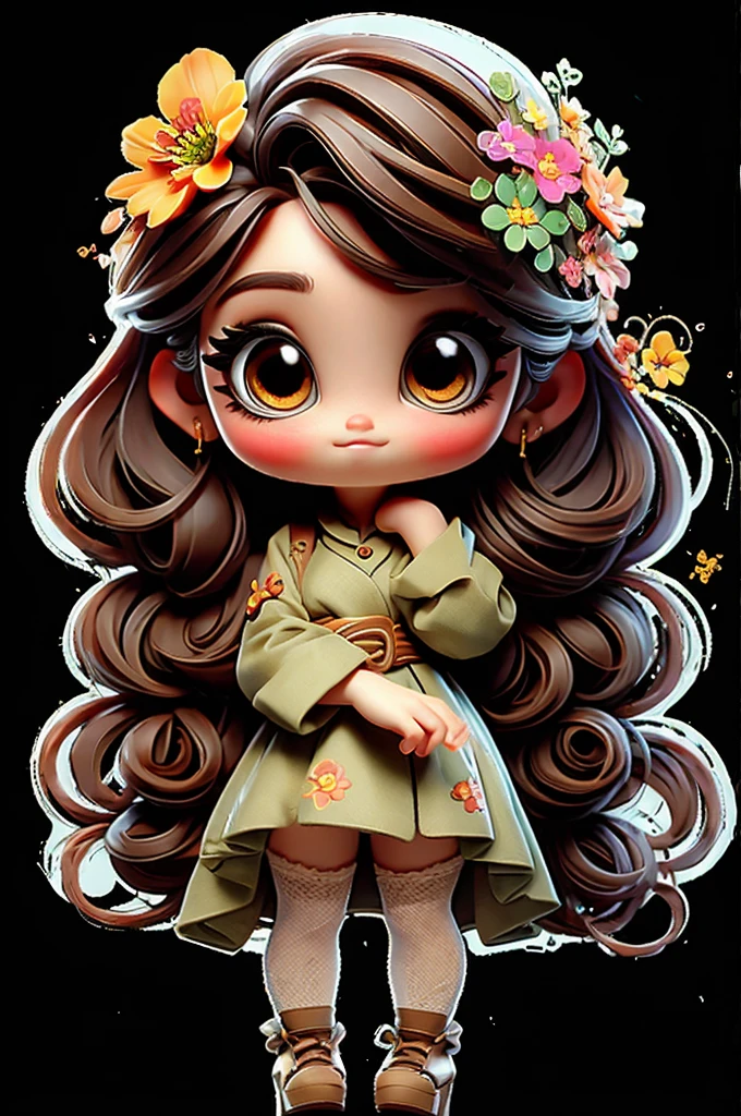 cute chibi girl brown hair, flower in head