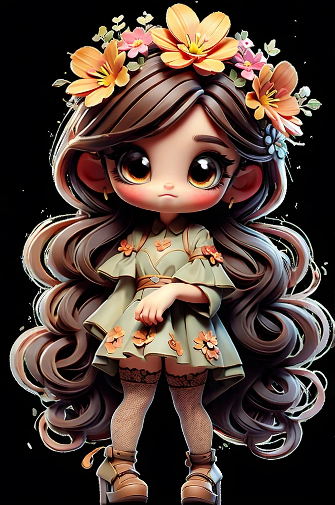 cute chibi girl brown hair, flower in head