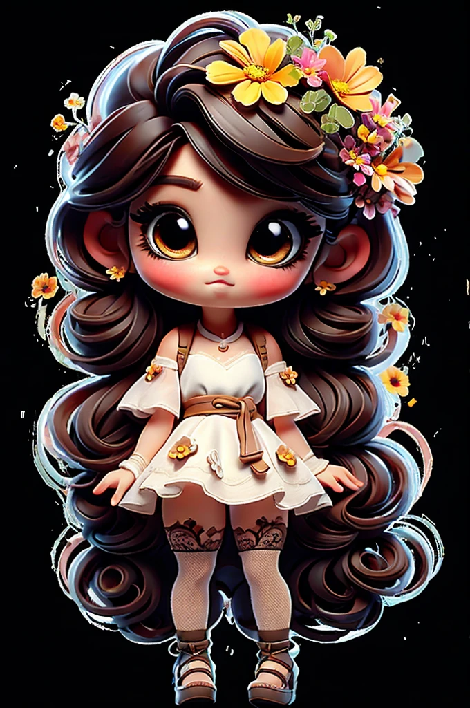 cute chibi girl brown hair, flower in head