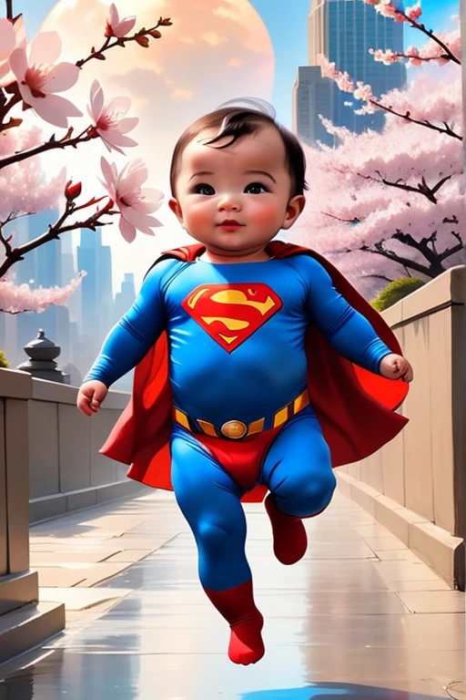 A majestic, time capsule unfurls before us, its worn, golden edges creaking with age. A tender ink wash painting of a chubby-cheeked baby Superman in blue spandex dominates the center, futuristic Gotham City in the background surrounded by delicate brushstrokes of modern Asian artistry. Whispers of cherry blossom petals and wispy clouds dance across the borders, as if carried on the gentle breeze of a spring morning. The capsule's parchment glows with an otherworldly luminescence, set against a rich, burnt-orange background that seems to pulse with the warmth of a crackling fire. Vibrant colors burst forth from the edges, like the first blush of dawn on a summer solstice - chromatic aberration adds a mesmerizing depth, as if we could reach out and touch the tender strokes. The overall effect is a cinematic masterpiece, a UHD-worthy still-life that defies the boundaries of time and space.