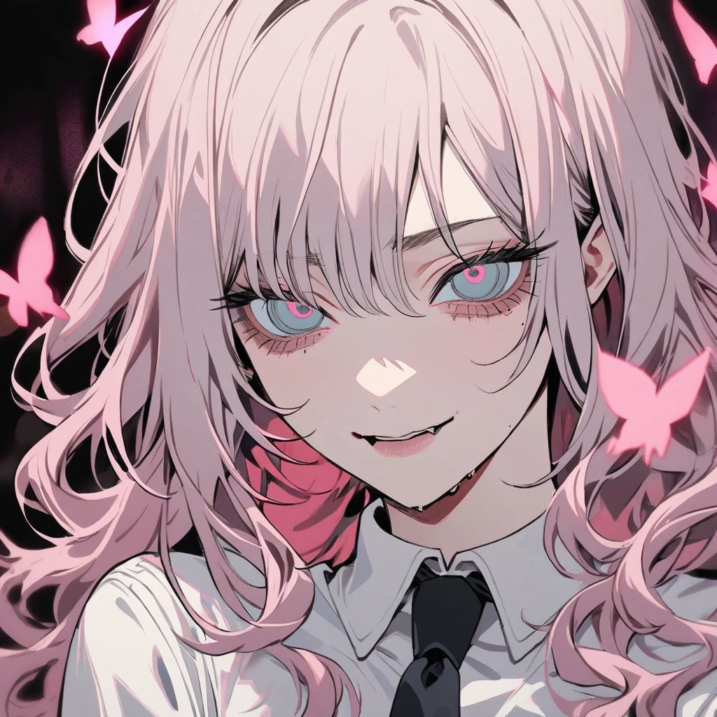 1 woman in chainsaw man style,long wavy hair, light pink hair, blue tips in hair, light blue, grayish eyes (detailded),(hellish),tilted face,half smile, white blouse with a black tie, bright pink butterflies in the background