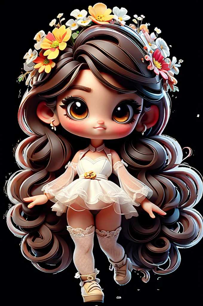cute baby chibi girl brown hair, flower in head, white background