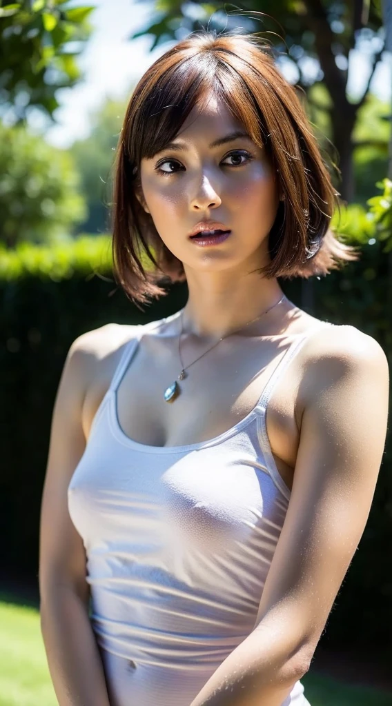 (Ultra-realistic), (figure), (High resolution), (8K), (Very detailed), (Best figure), (Beautiful attention to detail), (Highest quality), (Super detailed), (masterpiece), (wallpaper), (Detailed face), garden, Upper body close-up, Underarm, thick, short hair,Inner Color,alone,Girl in simple white tank top, Sweaty, Japanese, big , (Camel Toe)