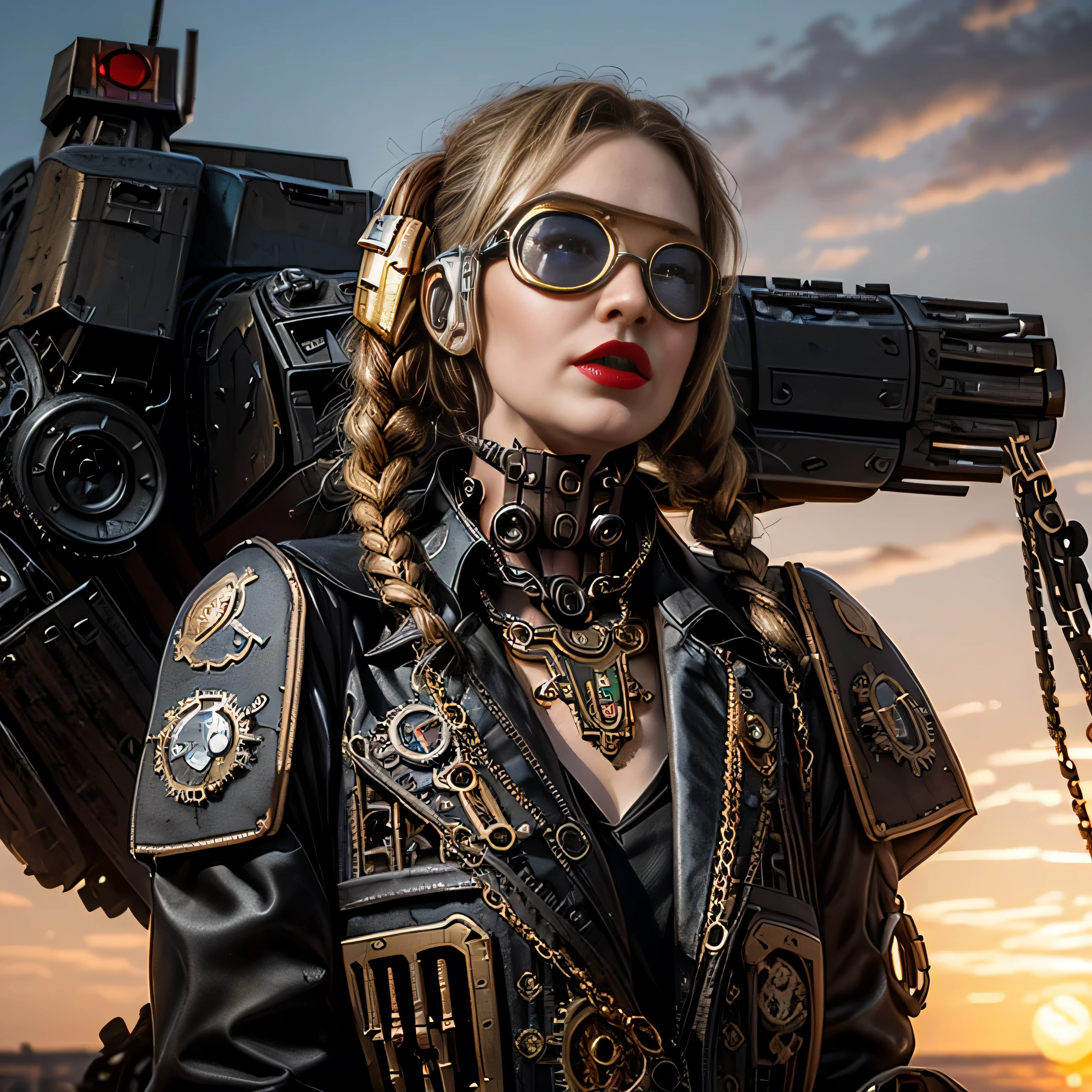 ((masterpiece, photorealistic:1.4, extremely intricate:1.3, photon mapping, radiosity, physically based rendering, ultra resolution, hyper-realistic, photorealistic:1.4, hyper-realistic, 8K)), ((((athletic female midbody, long pigtails windy [blonde hair:bright ginger hair:0.4], (([flat chest:medium breasts:0.8])), ((makeup:1.2, perfectchainmail, gold steampunk, black jacket), red lips, bright sunlight, sunset, silk shirt)), pilot goggles, round lenses))), outdoors, metal reflections, ((((futuristic apocalyptic city destroyed)))), professional photograph, soft focus, dramatic, award winning, cinematic lighting, volumetrics dtx, (film grain, blurry background, blurry foreground, bokeh, depth of field), BREAK; BREAK, (((((faraway Battlemech Dreadnaught Titan)))))

