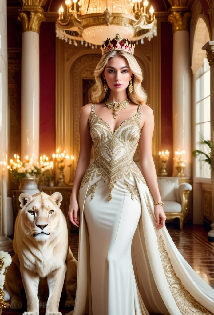 A beautiful elegant blonde girl in a luxurious palace, wearing an ornate crown, posing gracefully next to a white lioness, surrounded by lavish jewelry and opulent decor, serene and confident expression, intricate embroidered dress, soft lighting, cinematic composition, photorealistic, highly detailed